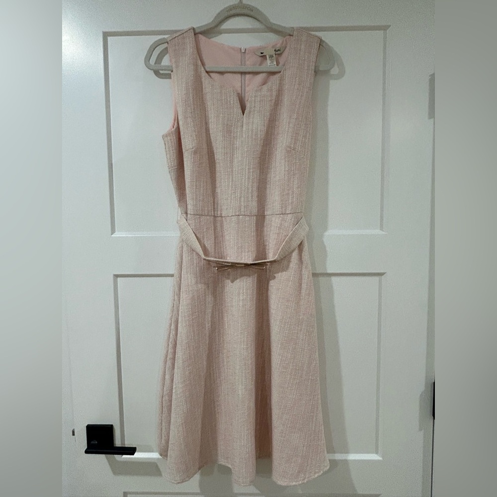 Tweed like Yumi Kim Fit and flare Pink dress with rose gold metallic belt